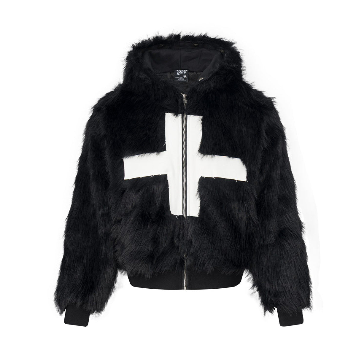 Faux Fur Hooded Bomber Jacket – Black with White Cross Patch