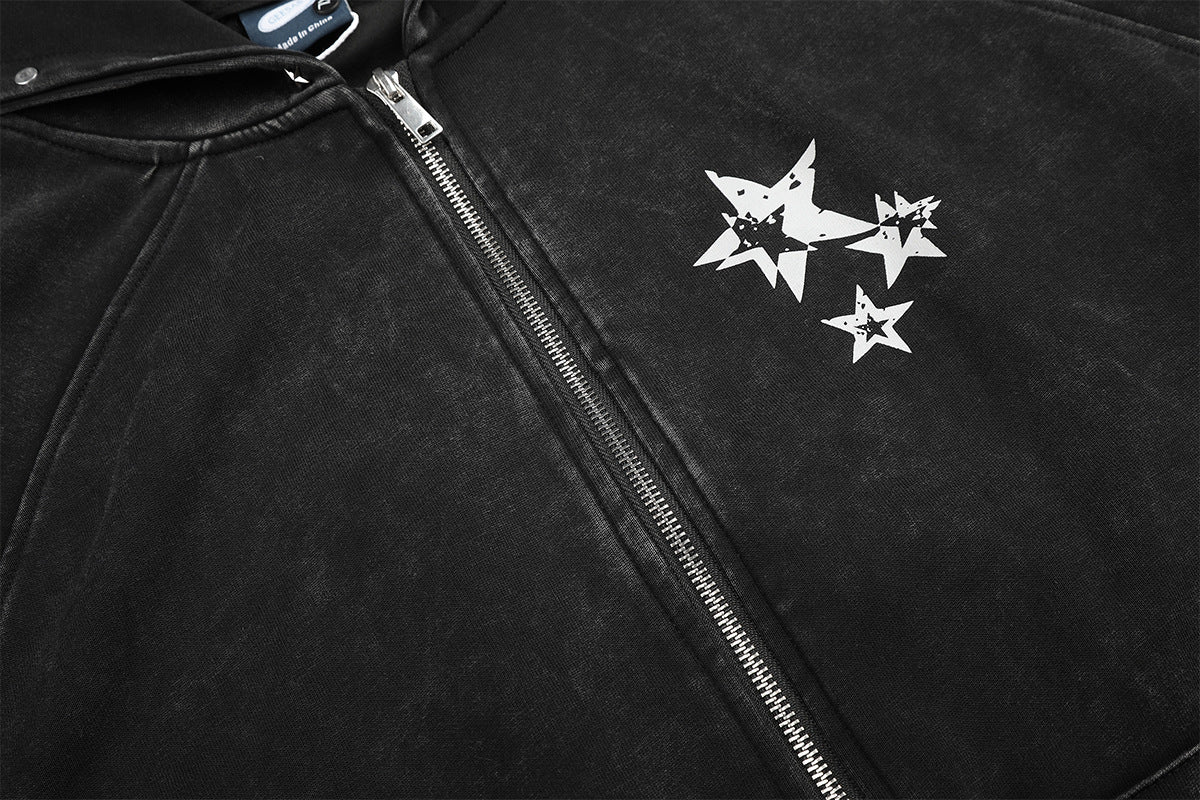 Zip-Up Grey Hoodie Washed Punk Star Graphic Zip Hoodie with Rivet Details