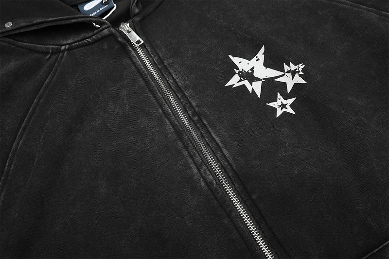 Zip-Up Grey Hoodie Washed Punk Star Graphic Zip Hoodie with Rivet Details