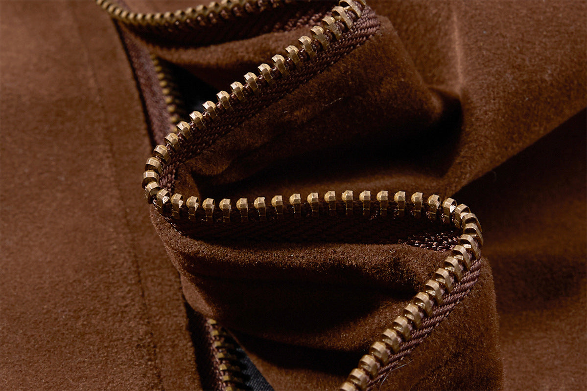 Bomber Jacket Men's Retro Suede Stand-Collar Moto Jacket with Brass Studs & Belt
