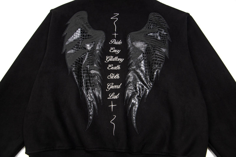 Black Zip-Up Hoodie with Crocodile-Texture Angel Wings & Seven Deadly Sins