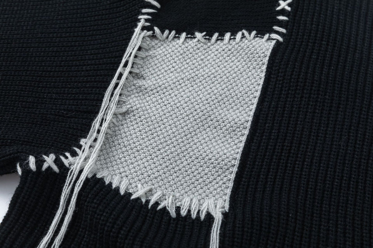 Pull homme en maille patchwork – Col rond vintage à franges américaines