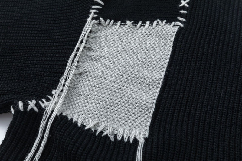 Pull homme en maille patchwork – Col rond vintage à franges américaines