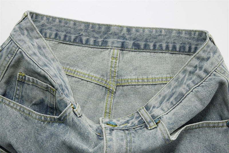 Pearl-Studded Wide-Leg Denim Cargo Jeans – Vintage Washed Scimitar Cut