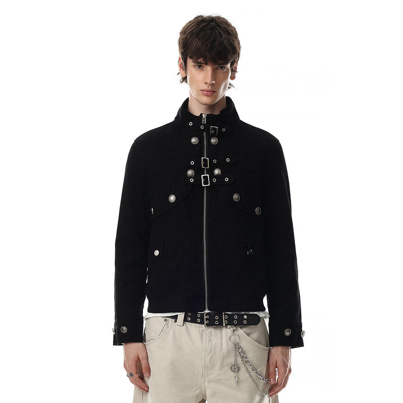 Men's Military-Inspired Short Jacket with Stand Collar, Buckle Straps & Button