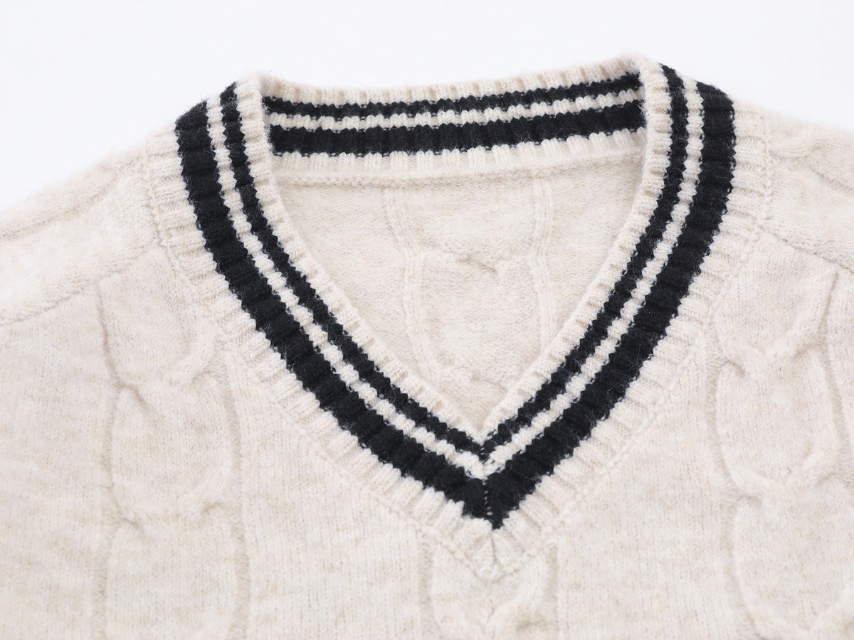 Cable Knit V-Neck Varsity Sweater – Number 8 Collegiate Pullover