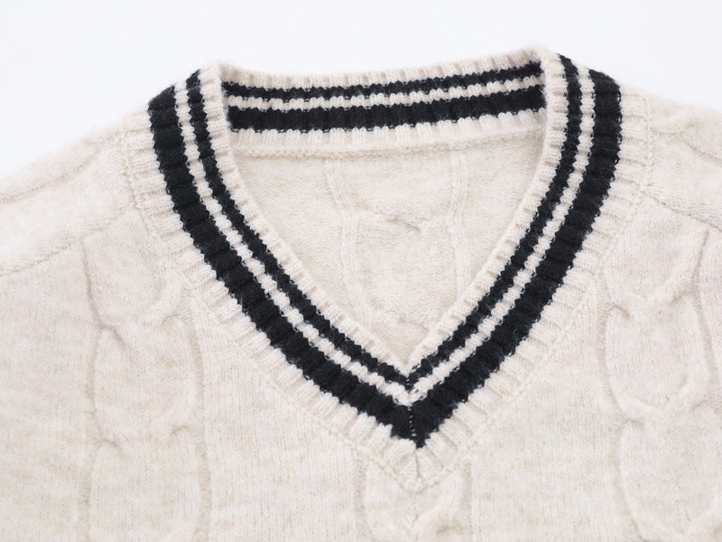 Cable Knit V-Neck Varsity Sweater – Number 8 Collegiate Pullover