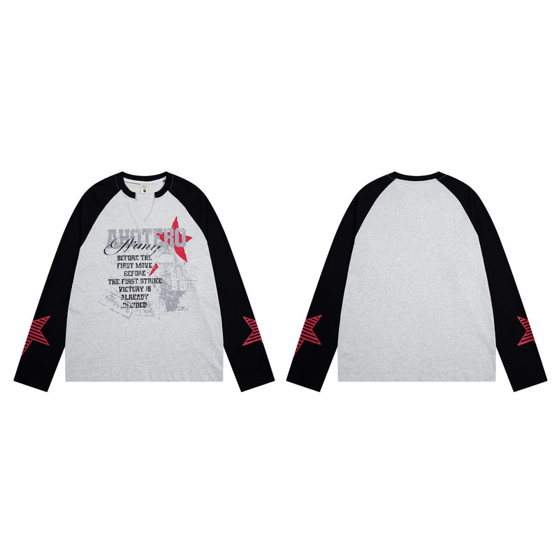 Raglan-Langarmshirt mit Grafik – Baseball-Shirt in meliertem Grau und Schwarz