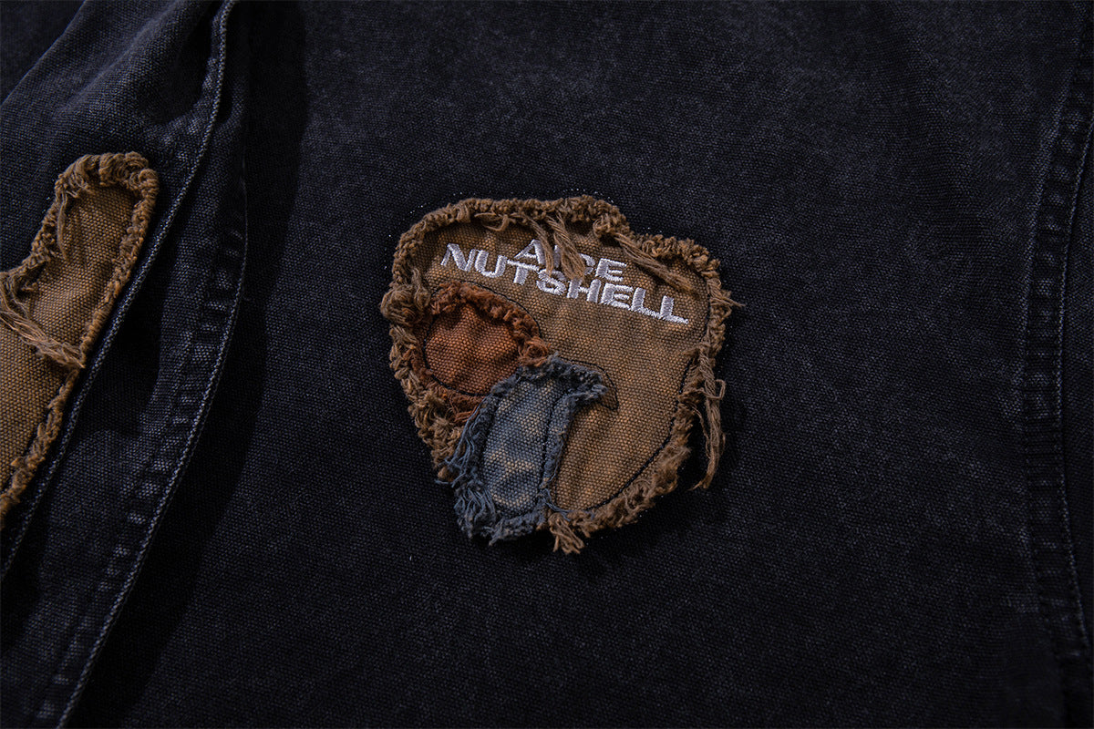 Patchwork Tie Denim Shirt – Vintage Streetwear Button-Up with Detachable Fabric