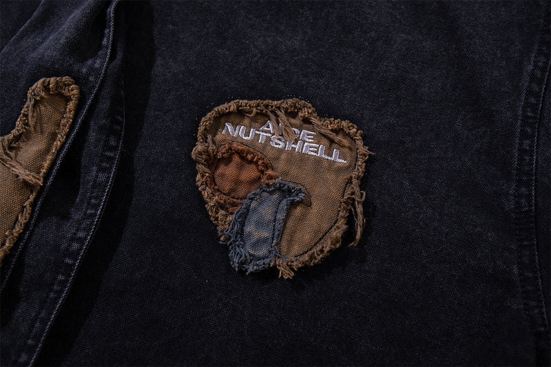 Patchwork Tie Denim Shirt – Vintage Streetwear Button-Up with Detachable Fabric