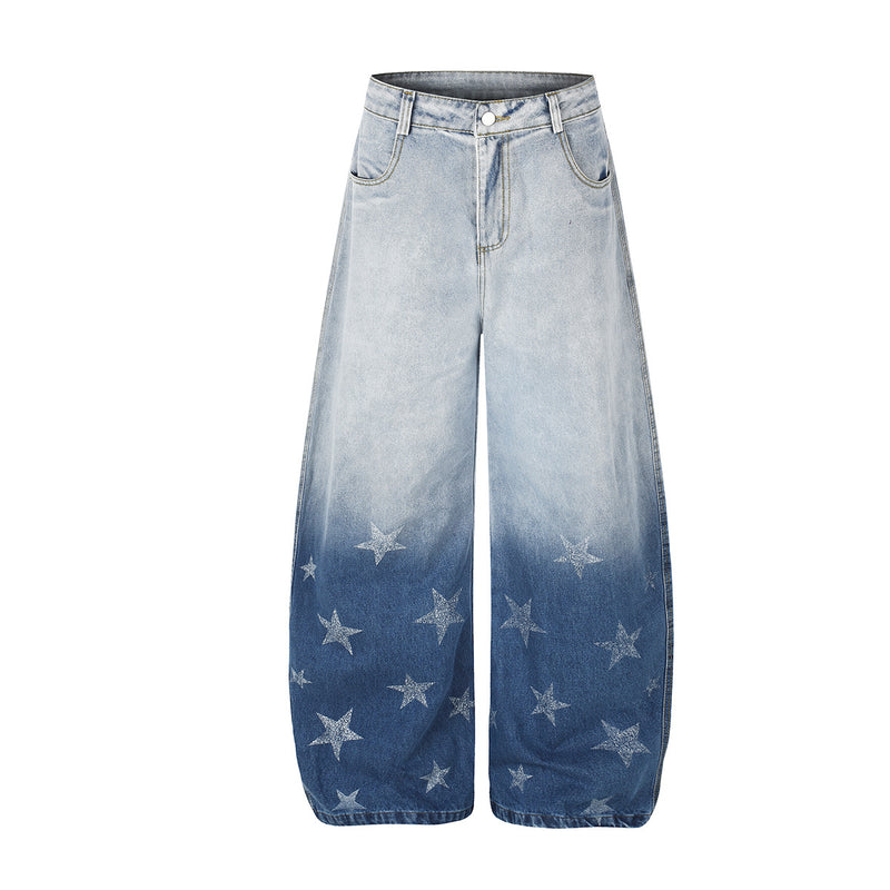 High-Waist-Baggy-Jeans mit weitem Bein, verlaufender Ombré-Waschung und Sternenprint an den unteren Beinen, in Blau und verwaschenem Schwarz