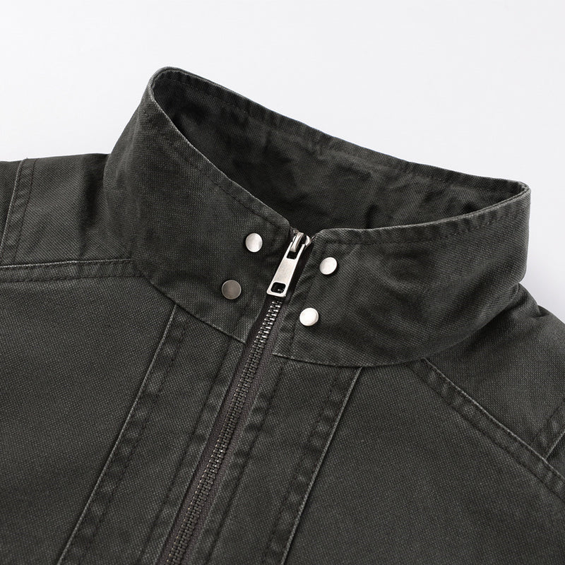 Men's Vintage Washed Stand-Collar Bomber Jacket with Elastic Hem