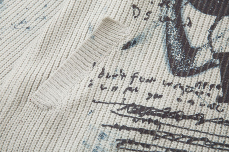 Veste pull zippée en maille imprimée ours graffiti – Col montant, éclaboussures d’encre, vintage