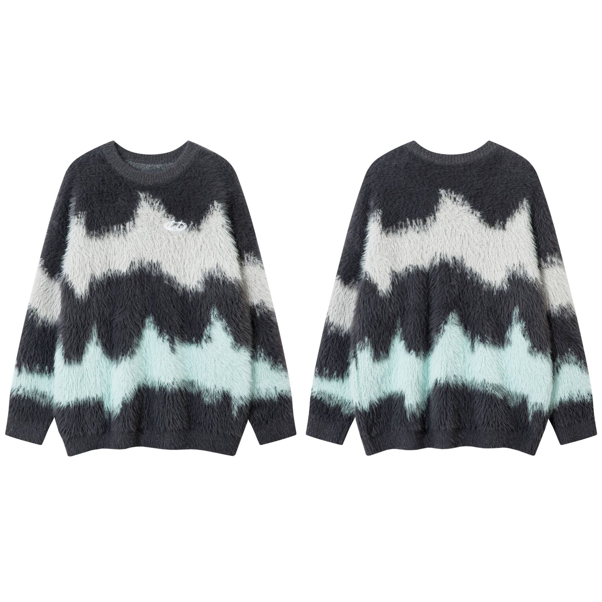 Pull en maille pelucheuse à motif vague abstrait – Modèle oversize