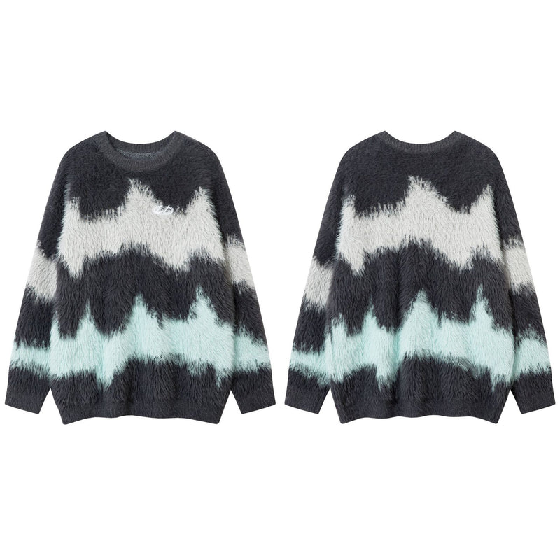 Pull en maille pelucheuse à motif vague abstrait – Modèle oversize