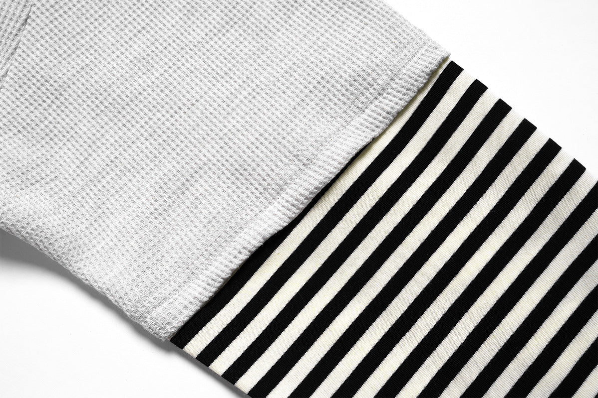 Long Sleeve Faux-Layered Graphic Shirt with Black & White Striped Sleeves