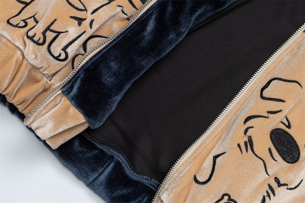 Sudadera de terciopelo con cremallera y estampado de perro de dibujos – Corte oversize color block