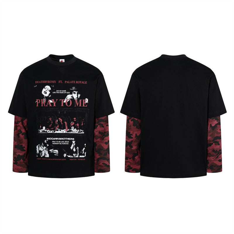 Long Sleeve T-Shirt Men Black Camo Layered Graphic Rock Print Oversized Tee