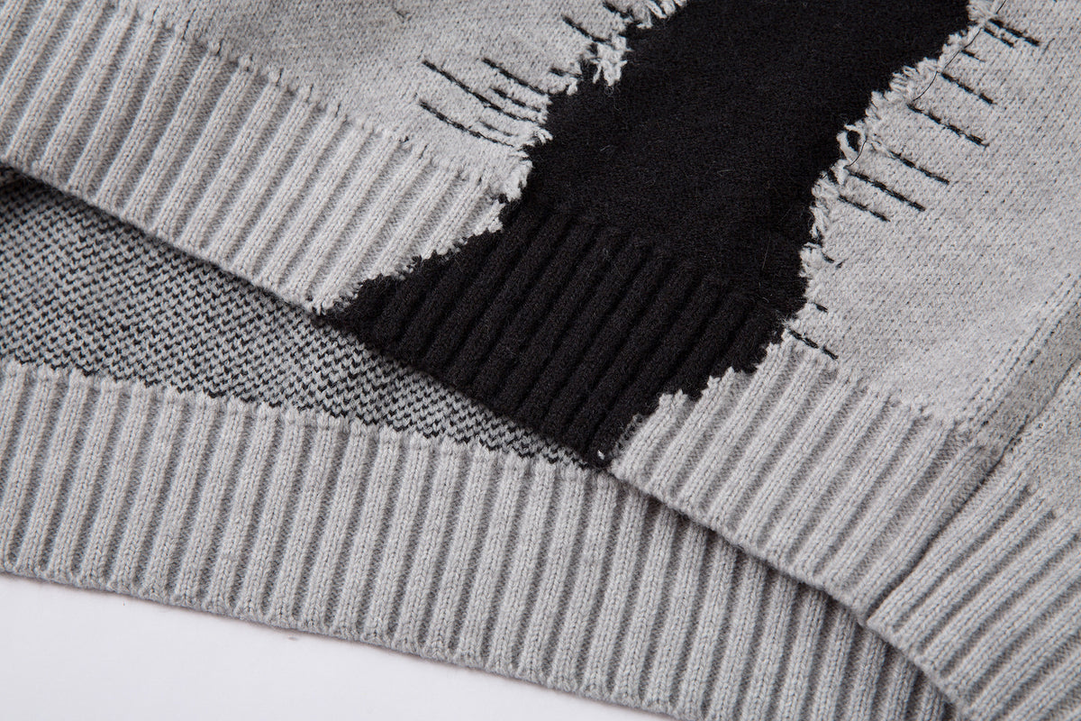 Distressed Knit Sweater with Double-Layer Collar and Raw-Edge Contrast Detail