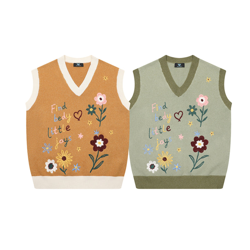 Floral Embroidery V-Neck Sweater Vest – Cottagecore Knit Sleeveless Top