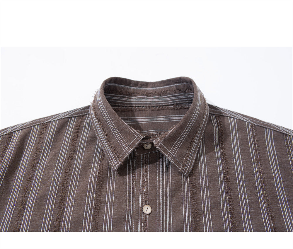 Men's Vintage Striped Oversized Long-Sleeve Shirt with Dual Chest Pockets