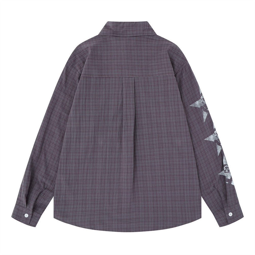 Men's Plaid Graphic Button-Down Shirt – Oversized Streetwear Long Sleeve