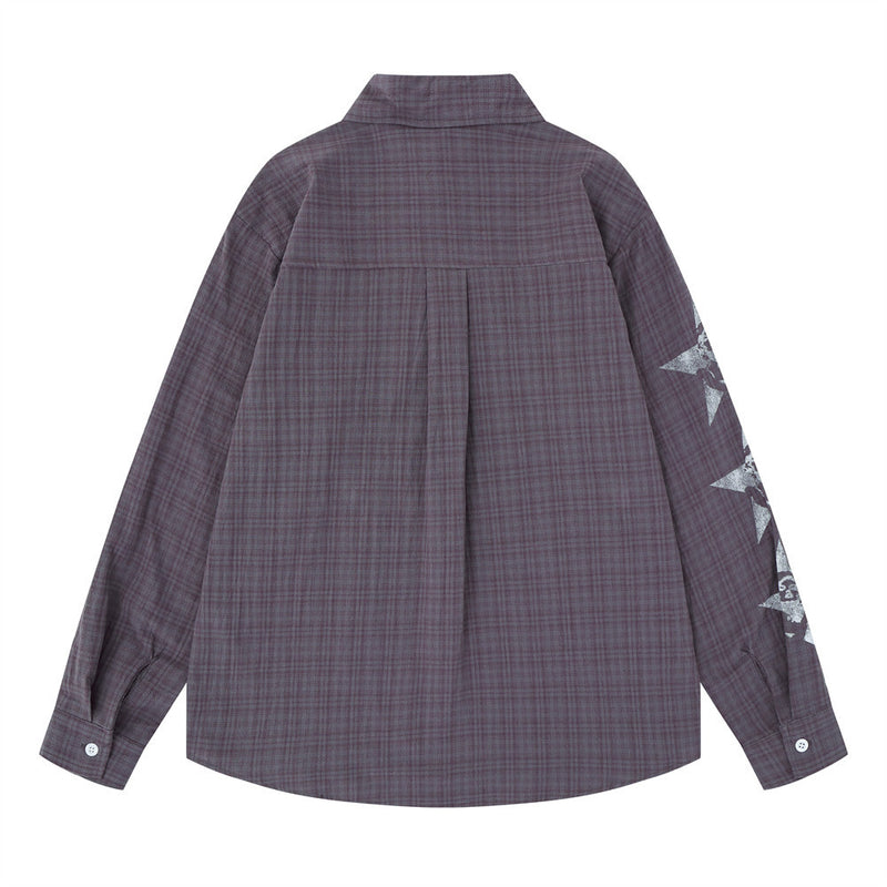 Men's Plaid Graphic Button-Down Shirt – Oversized Streetwear Long Sleeve