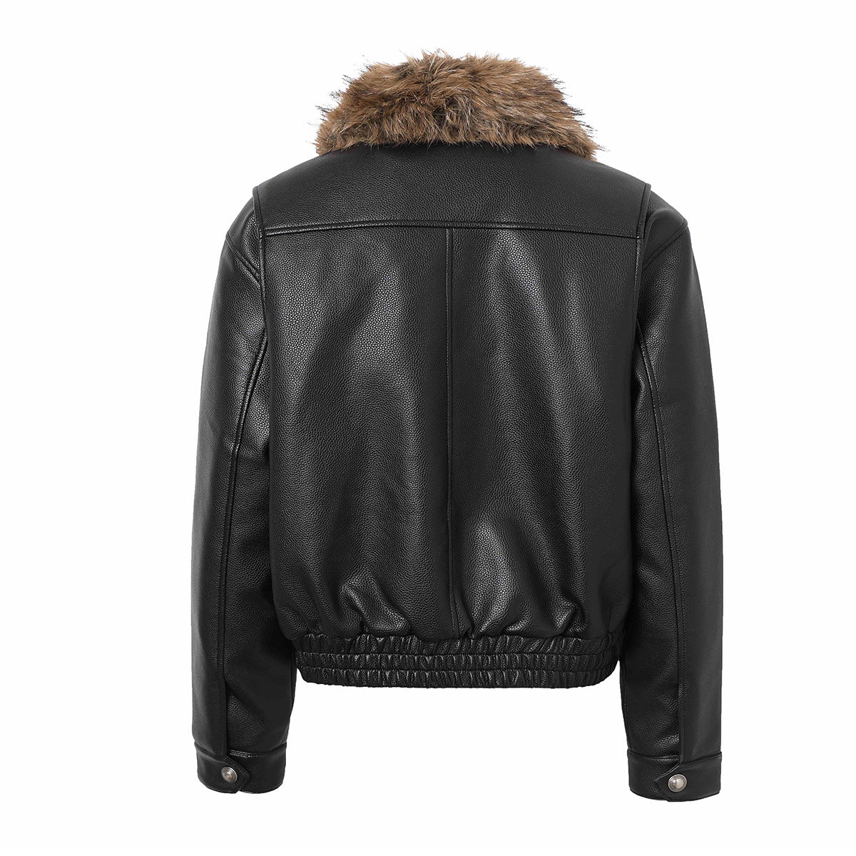 Black Leather Bomber Jacket with Fur Collar & Multi-Pocket Design