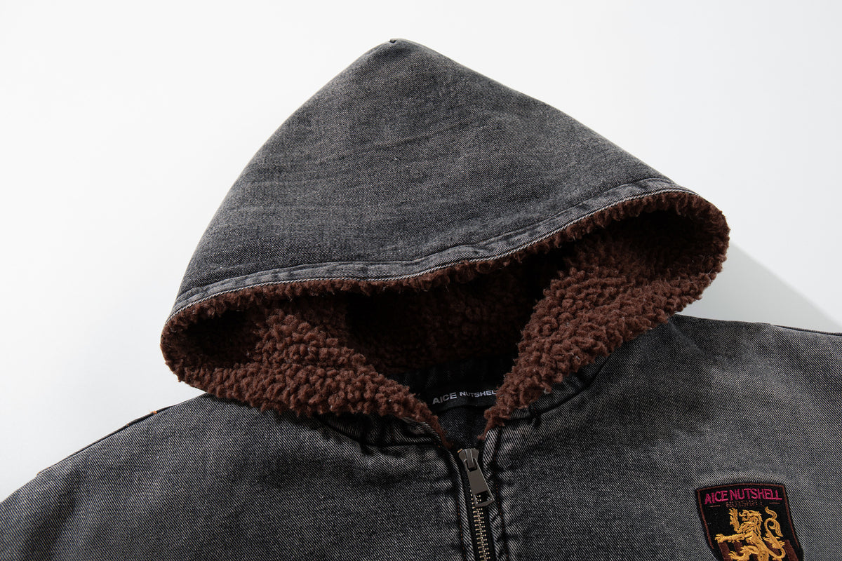 Washed Denim Padded Hoodie Jacket with Embroidered Logo & Sherpa Collar