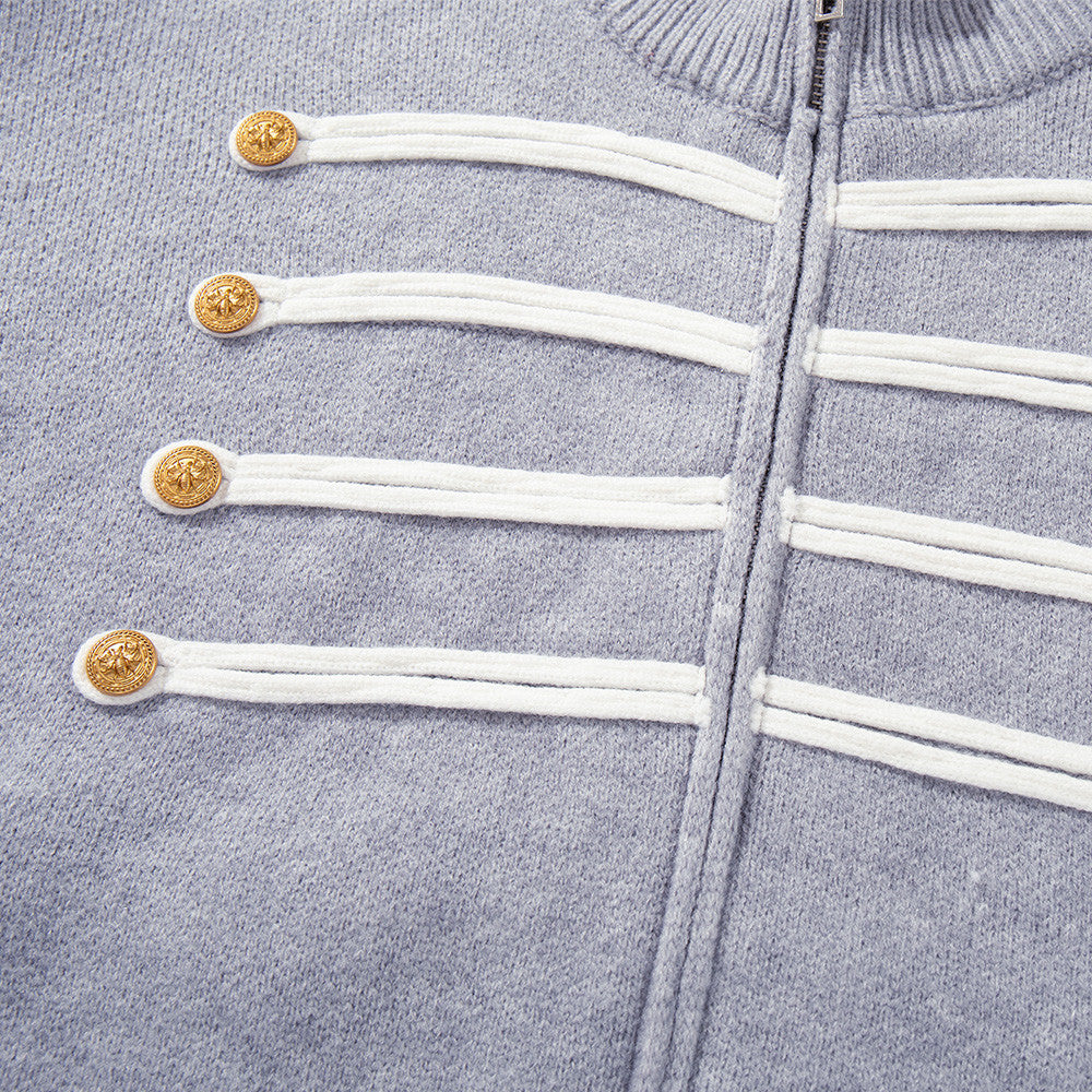 Cardigan zippé en maille à galons militaires – Col montant oversize avec