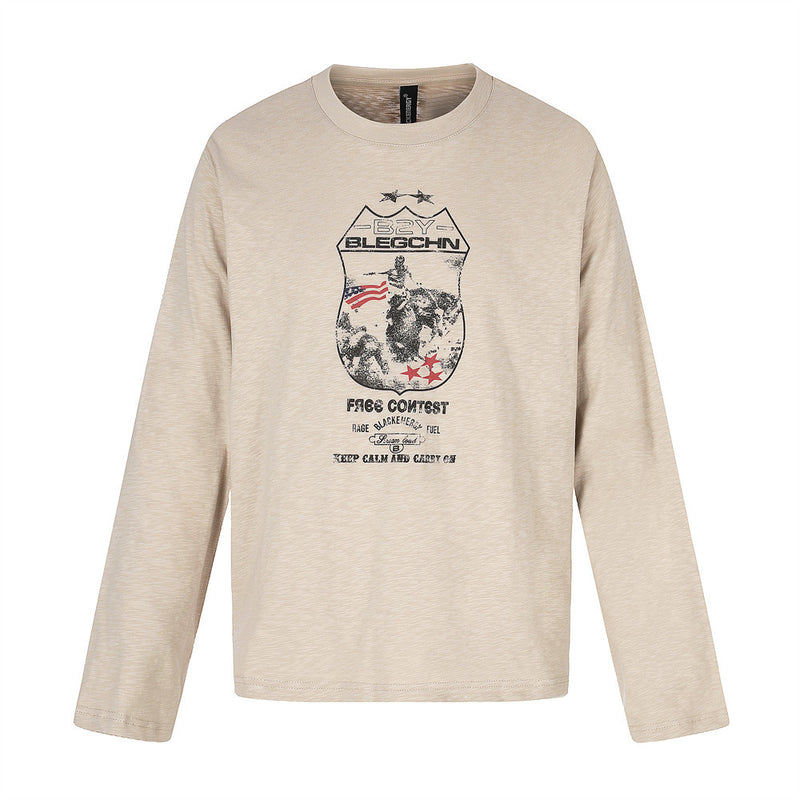 Beige long sleeve crew neck tee with bold front badge-style graphic