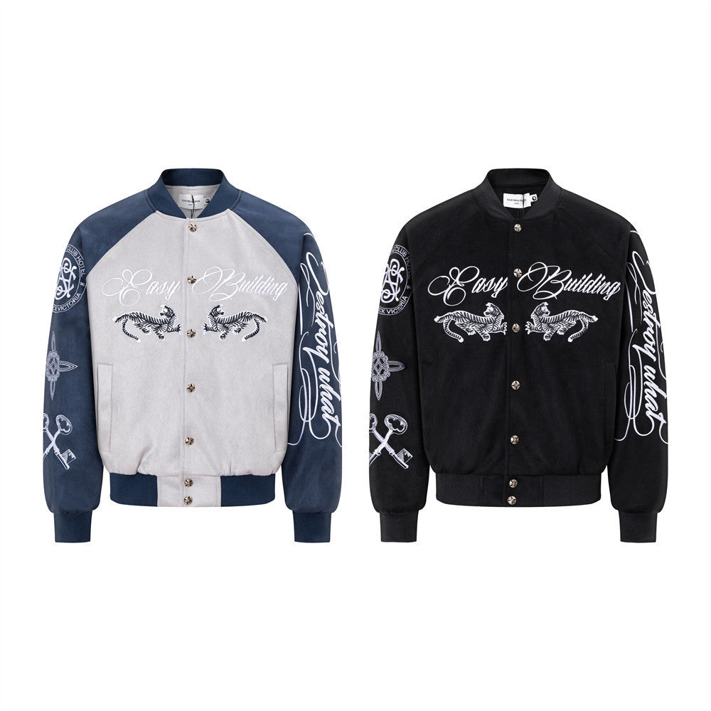 Varsity-Bomberjacke mit Schriftzug-Stickerei und Tiger-Motiv, Colorblock-Raglan