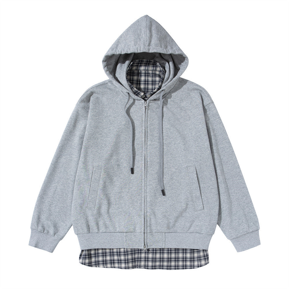 Men's Full Zip Hoodie with Faux Layered Plaid Shirt Insert, Oversized Streetwear