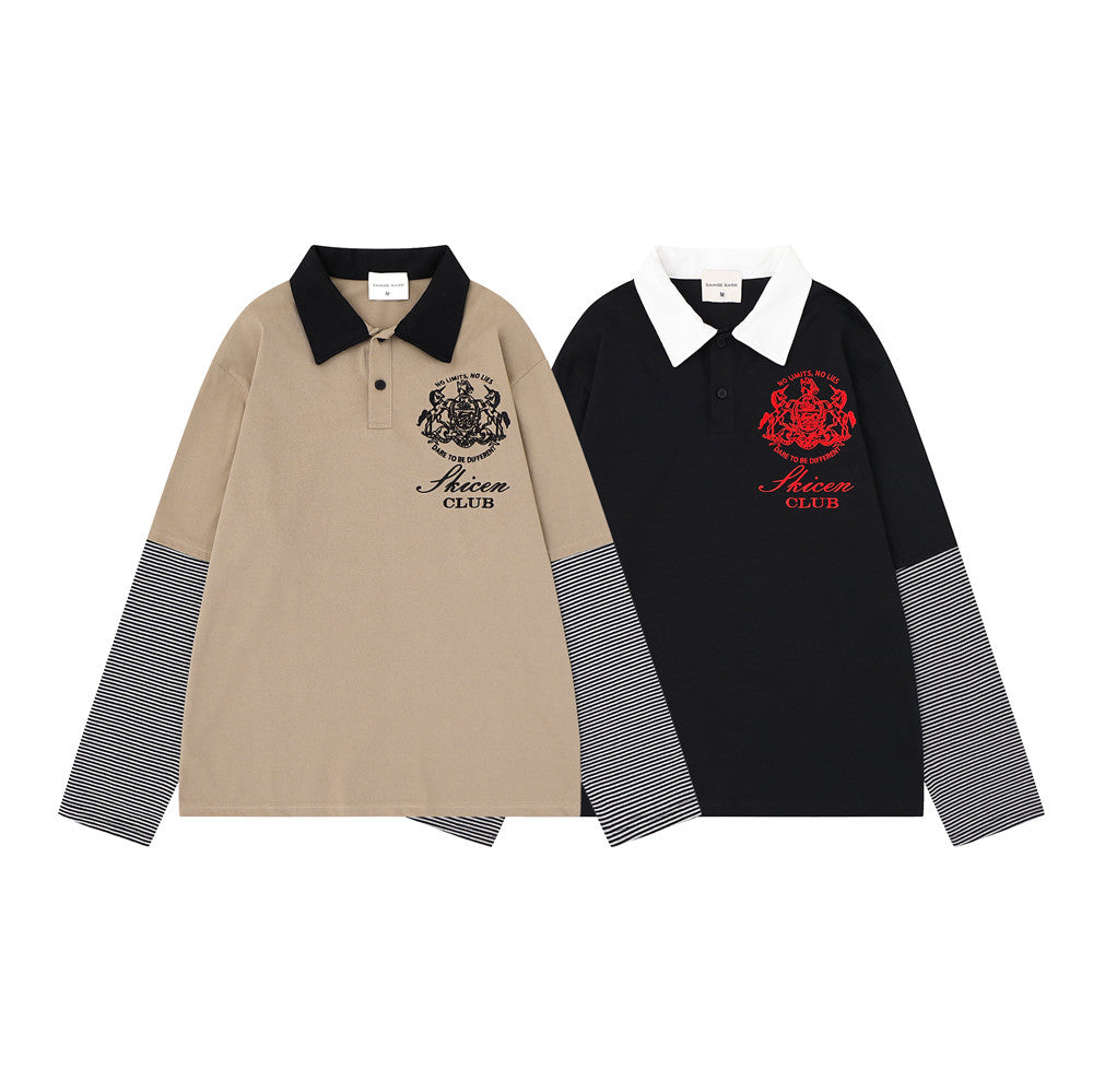 Long sleeve polo shirts in khaki and black with striped sleeves and faux-layered collars