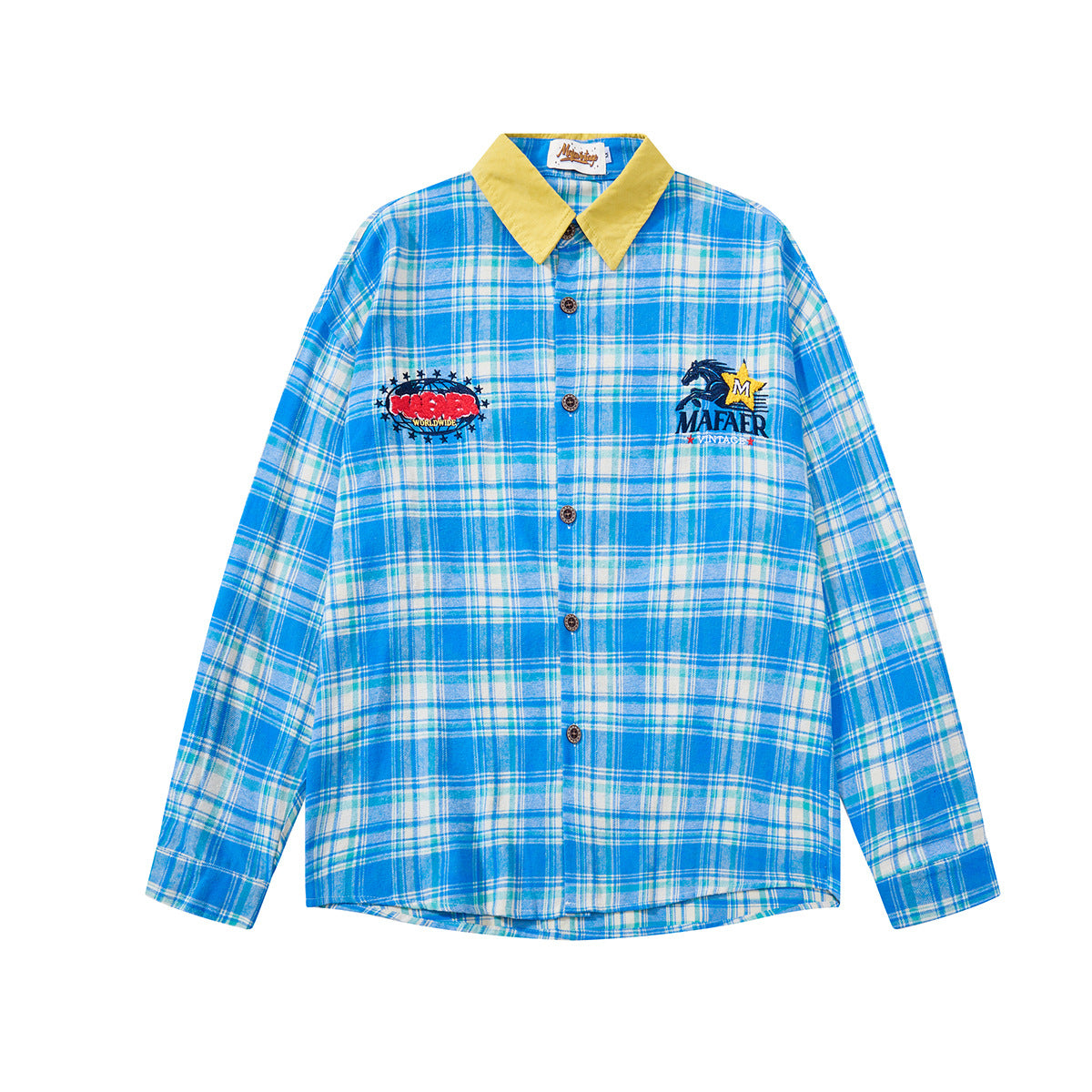 Plaid Flannel Shirt Jacket with Vintage Cartoon Embroidery – Washed Oversized