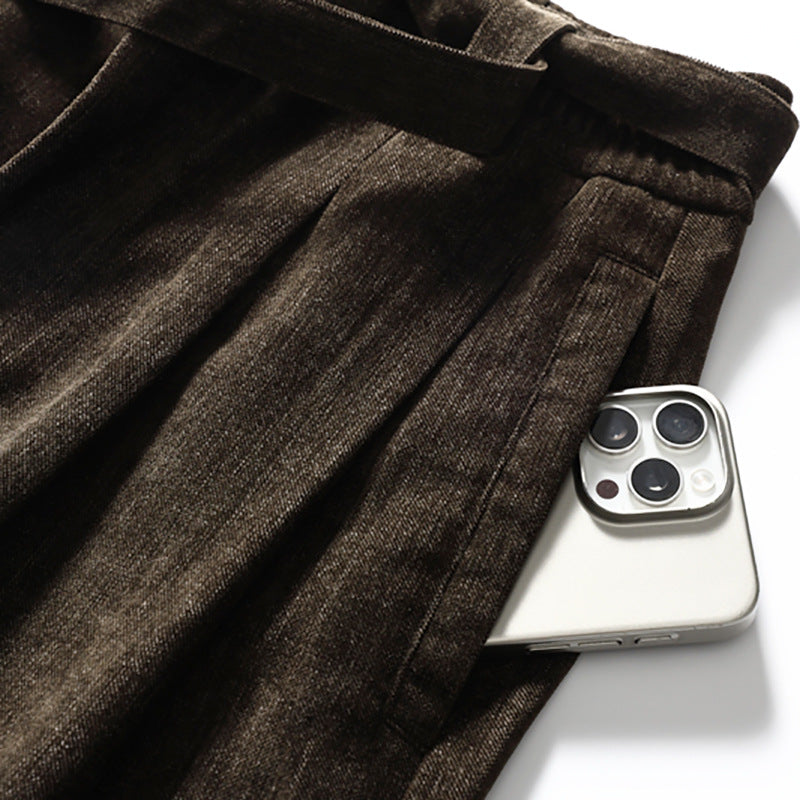 Men's Wide-Leg Pleated Trousers – Barrel Fit Corduroy-Texture Pants
