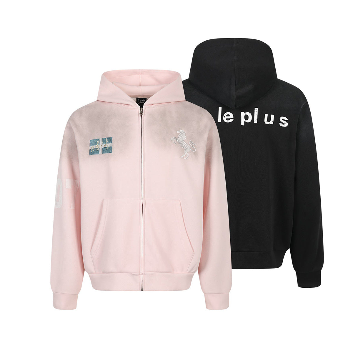 Zip-Hoodie mit aufgesticktem Einhorn und Badge-Patches – Gewaschener Farbverlauf