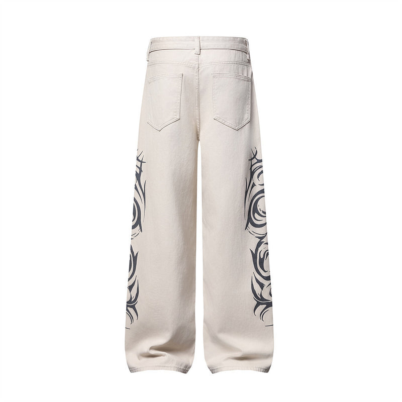 Tribal Print Wide-Leg Jeans – Men's Streetwear Straight Baggy Pants