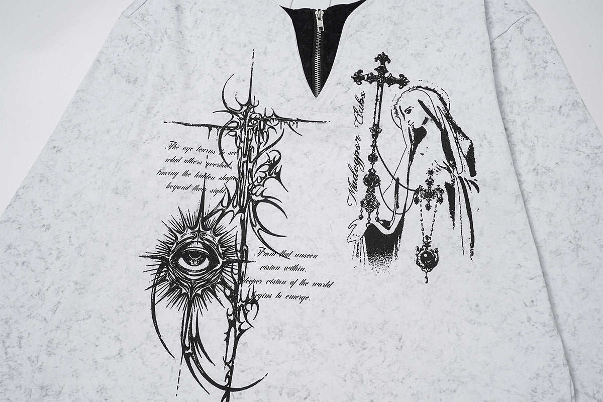 Gothic Graphic Long Sleeve Shirt – Oversized Religious Print, Zip Neckline