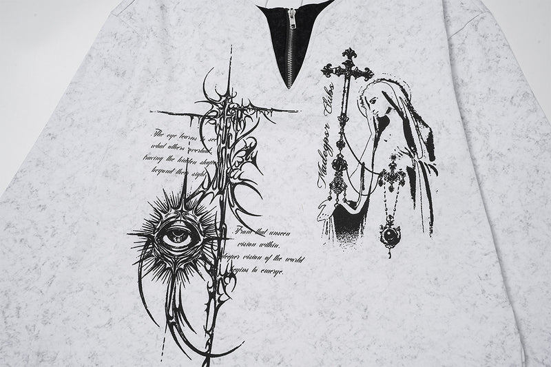 Gothic Graphic Long Sleeve Shirt – Oversized Religious Print, Zip Neckline