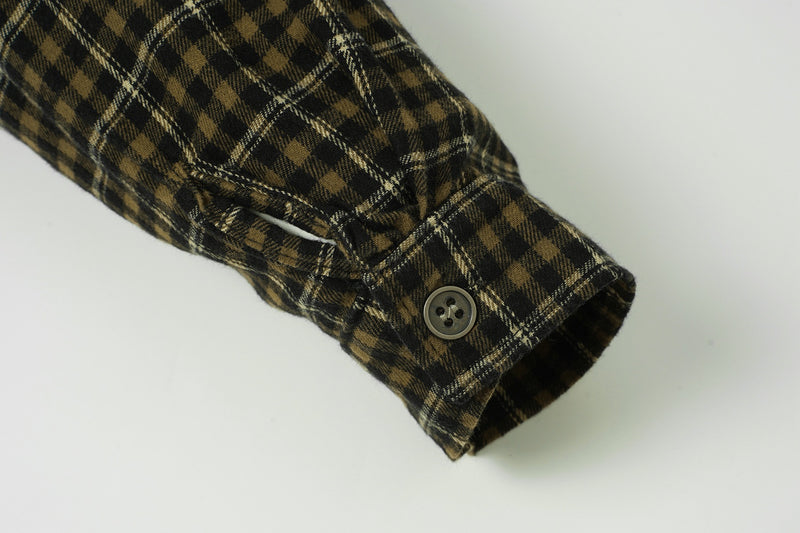 Acid Wash Henley Long Sleeve Shirt with Plaid Contrast Sleeves – Faux Two-Piece