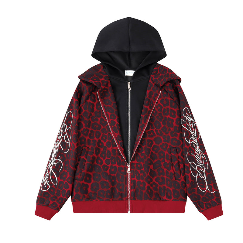 Veste hoodie zippée à motif léopard – Imprimé animal rouge et noir oversize avec