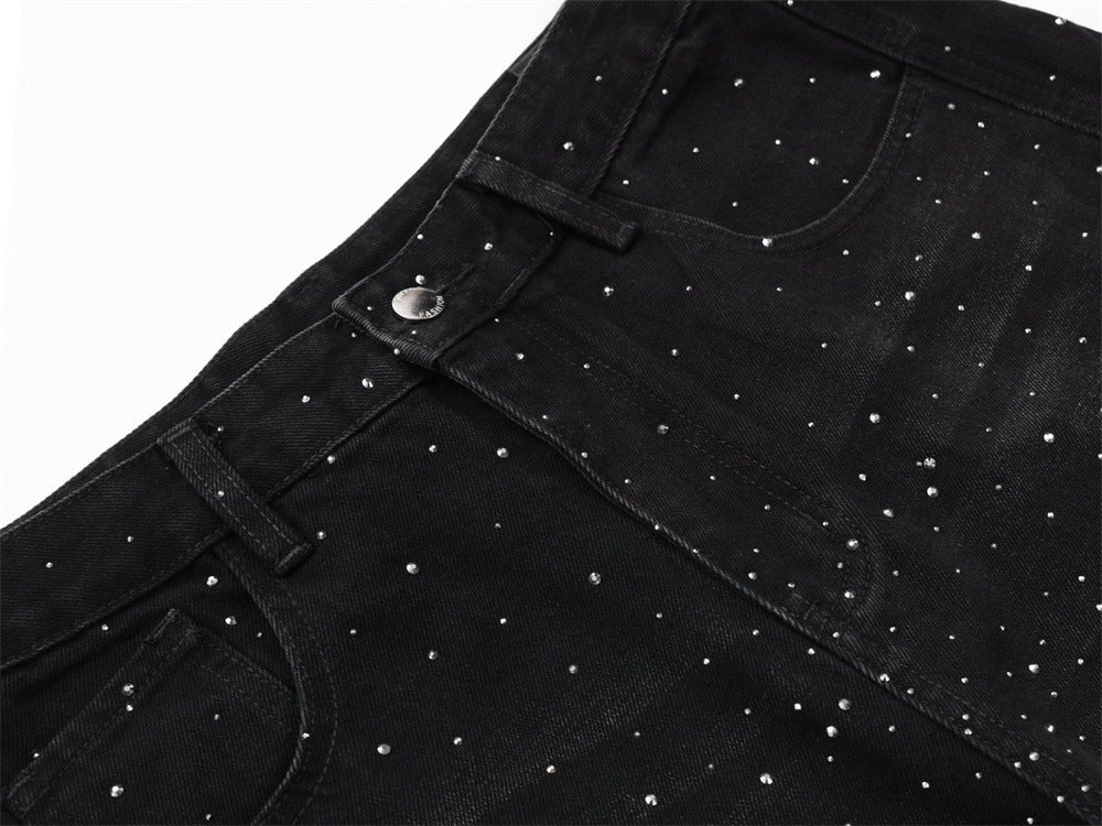 Rhinestone Wide-Leg Jeans – Men's Distressed Denim with Large Cargo Pockets &