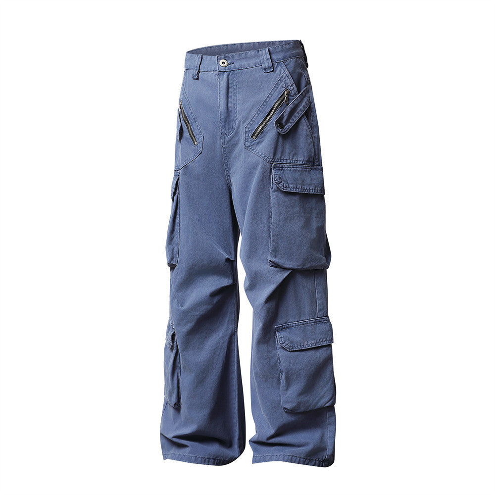 Wide-Leg Cargo Pants – Multi-Pocket Washed Vintage Streetwear Trousers