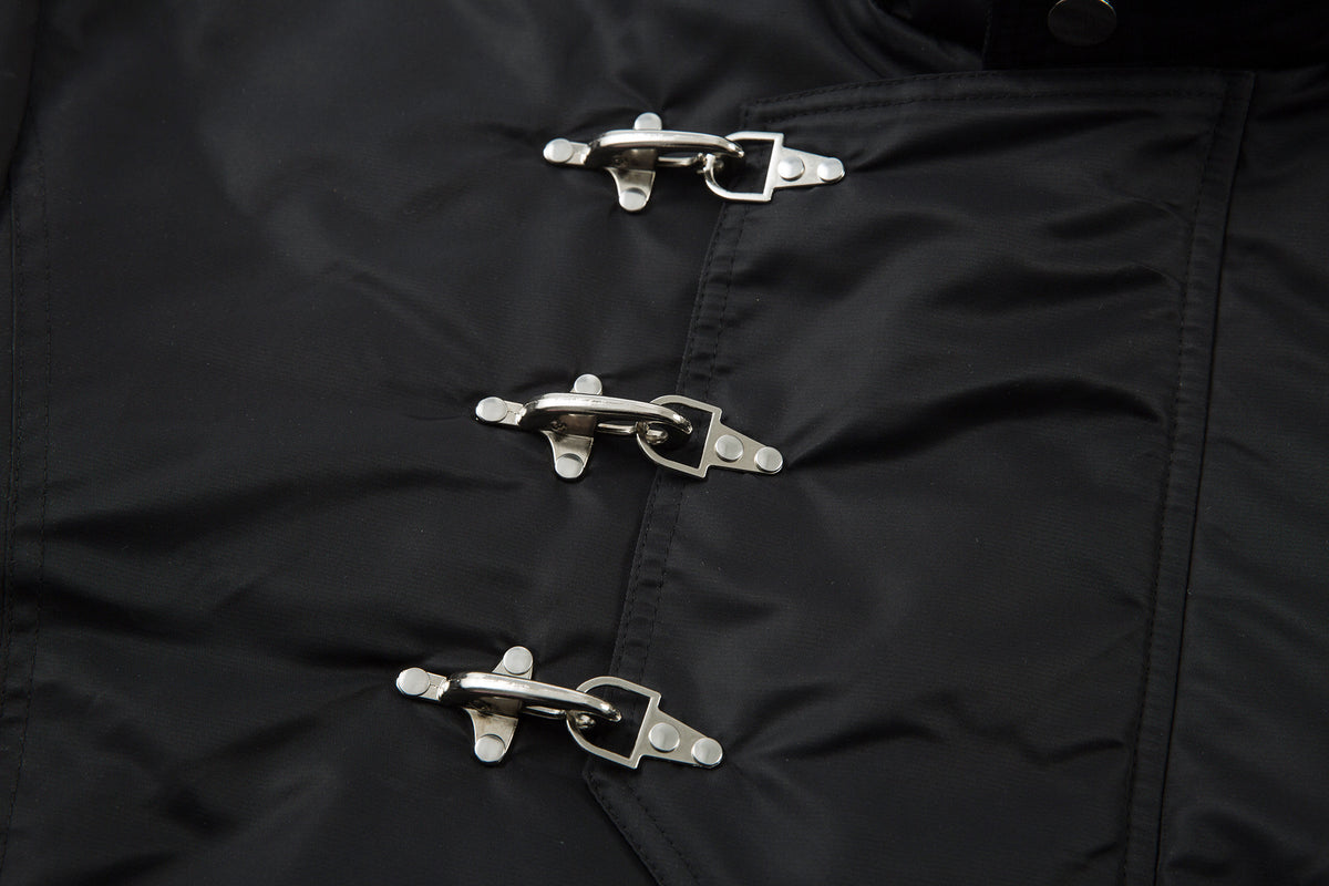 Padded Bomber Jacket with Detachable Faux Fur Hood & Ruched Sleeves in Black