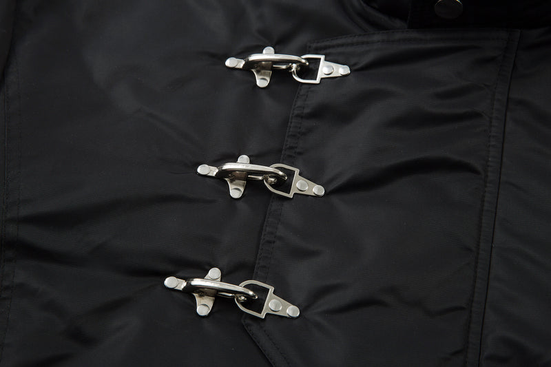 Padded Bomber Jacket with Detachable Faux Fur Hood & Ruched Sleeves in Black