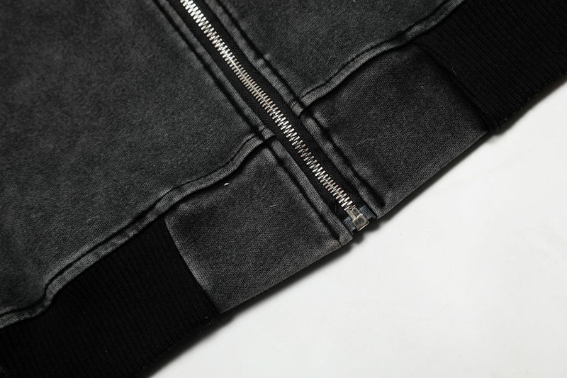 Distressed Zip Up Hoodie – Deconstructed Bomber-Style Washed Fleece Jacket