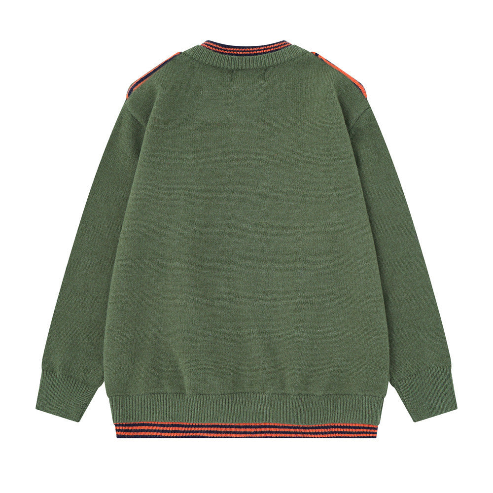 Mens Crew Neck Sweater with Faux Sailor Shawl Striped Knit Pullover