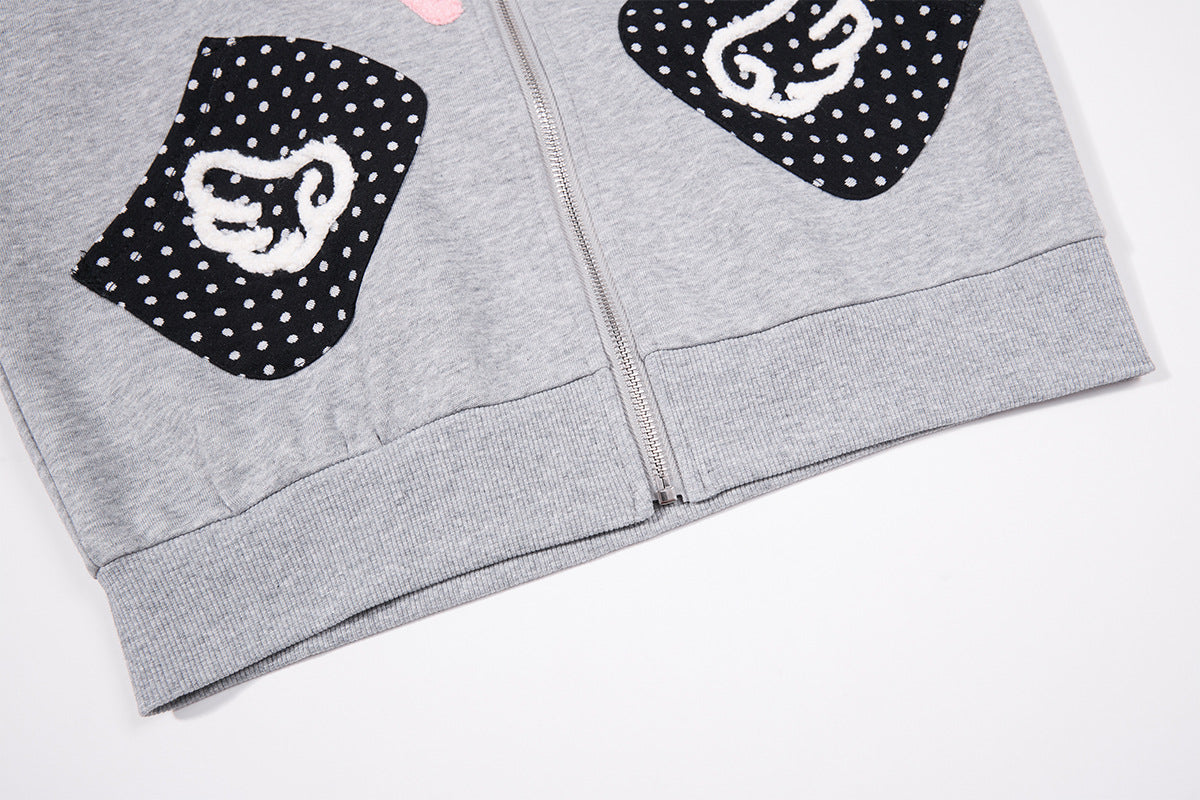 Sweat zippé gothique avec écusson chat brodé, ailes d’ange et capuche à oreilles de chat