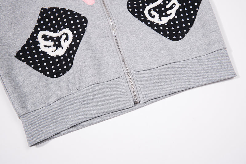 Sweat zippé gothique avec écusson chat brodé, ailes d’ange et capuche à oreilles de chat